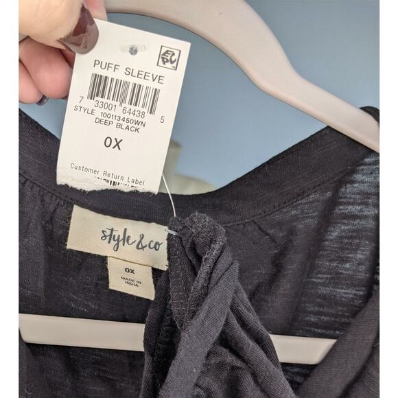 Style & Co Blouse 0X Balloon Sleeve Tassel Ties Black Split Neck Career Layering - Picture 7 of 8